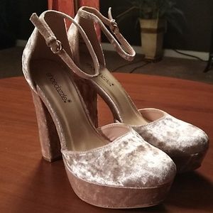 Blush pink velvet extra high heel platform pumps